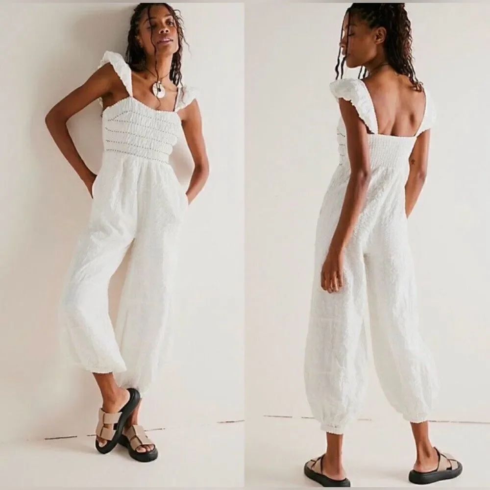 Free People Speakeasy Jumpsuit Size Women’s Size Medium M White Beaded